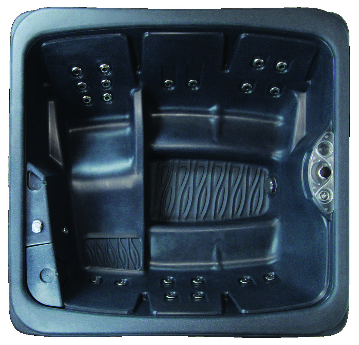 Spa INNOVASPA Fantom polyéthylène design Québec 5 personnes 20 jets inox — vue de dessus 4 chaises capitaines et lit ergonomique, sous-verres intégrés, 200×193 cm