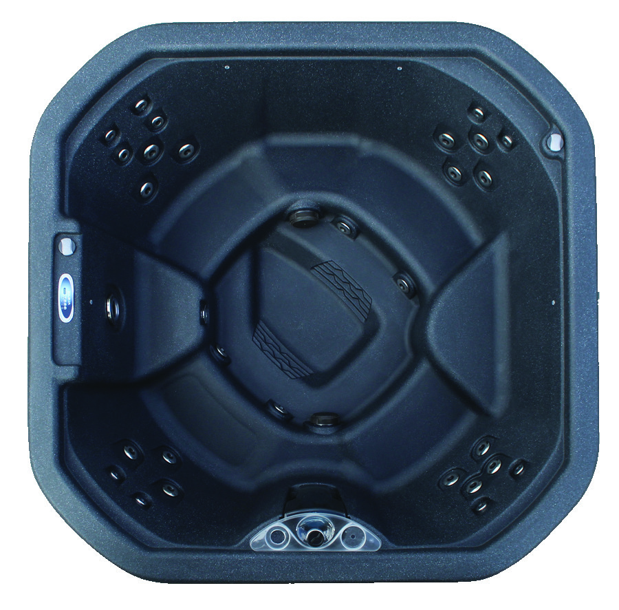 Spa PUR SPAS Orion grand spa fabriqué Québec 6-7 personnes 28 jets cascade à débordement — vue de dessus 5 sièges cool seat jet turbo 12.7 cm, 208×208 cm