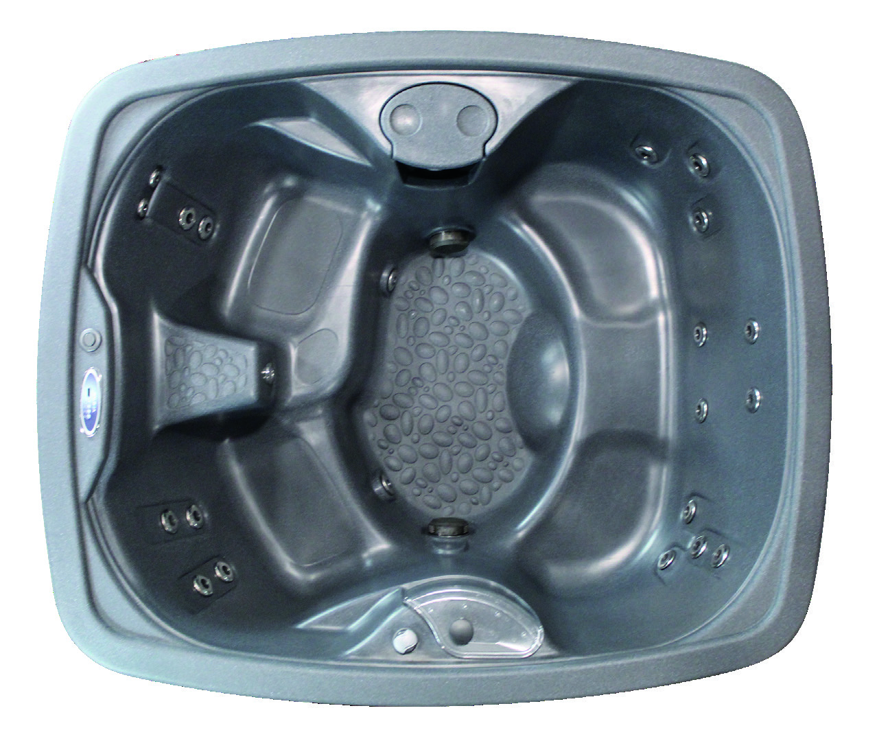 Spa PUR SPAS Spartiate robuste fabriqué Québec 4-5 personnes 21 jets InnovaFlow — vue de dessus 2 chaises capitaines et banc triple hybride, 216×182 cm