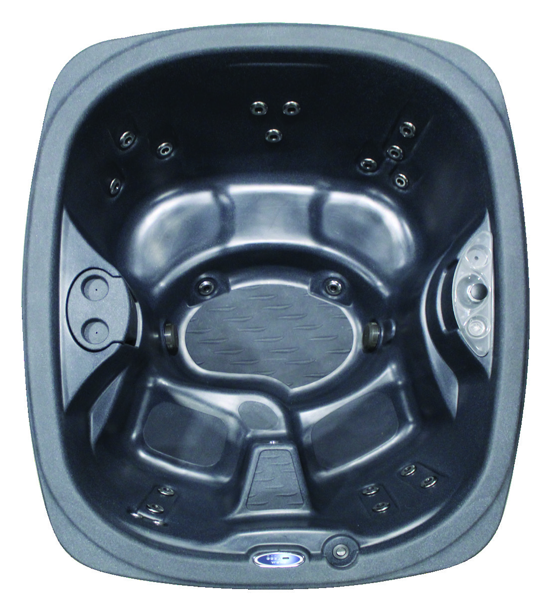 Spa INNOVASPA Storm fabriqué au Québec 4-5 personnes 20 jets inox — vue de dessus intérieur 2 chaises capitaines et banc hybride allongé, système Balboa VL260, 215×180 cm