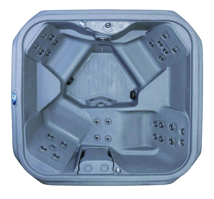 Spa INNOVASPA Stream premium fabriqué au Québec 5-6 personnes 32 jets Balboa — vue de dessus 3 chaises 1 banc hybride 2 cool seats, jets 12.7 cm, 210×198 cm