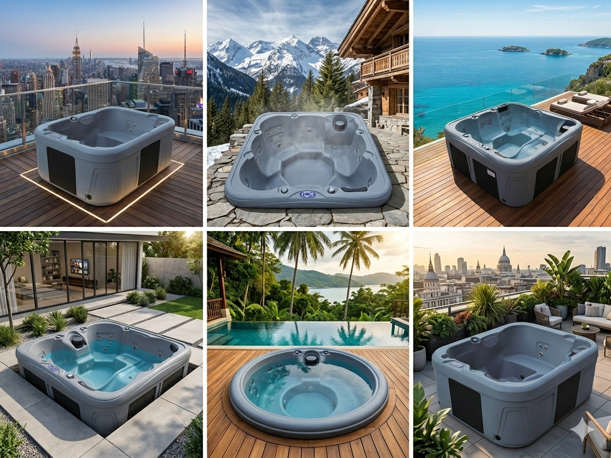 Les 6 modèles de spa rotomoulé WeeSpa — Lac, Boréal, Forêt, Grand Nord, Horizon et Cercle — de 2 à 7 personnes, coque polyéthylène, garantie 10 ans