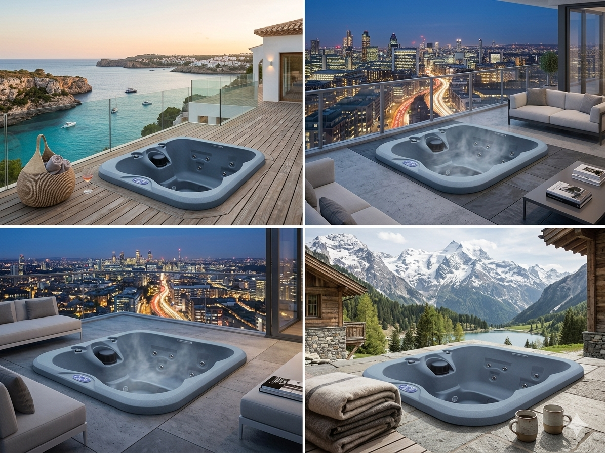 Quatre configurations spa WeeSpa rotomoulé extérieur — terrasse bois bord de mer, rooftop urbain, jardin enneigé et terrasse carrelée — pose en 1 journée