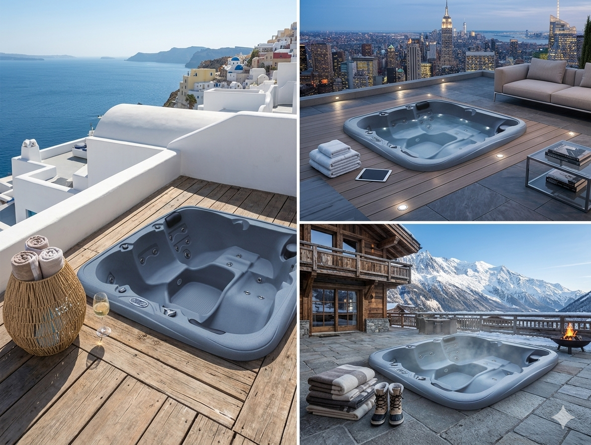 Spa rotomoulé WeeSpa installé sur terrasse en pierre à Santorin, sur rooftop urbain et dans un chalet de montagne enneigé — adaptable à tous les environnements