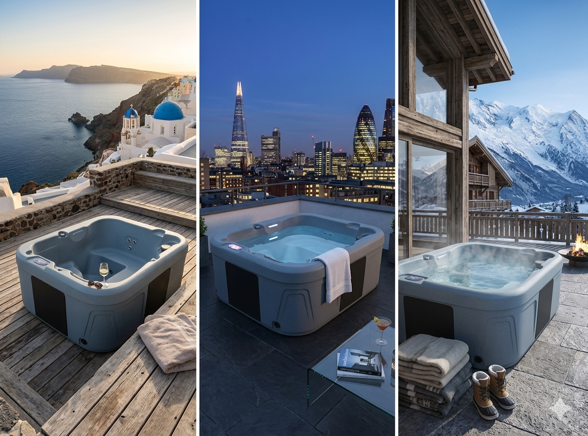 WeeSpa Lac spa rotomoulé compact 2-3 personnes installé sur terrasse blanche à Santorin, dans appartement londonien et dans chalet bois — léger 150 kg